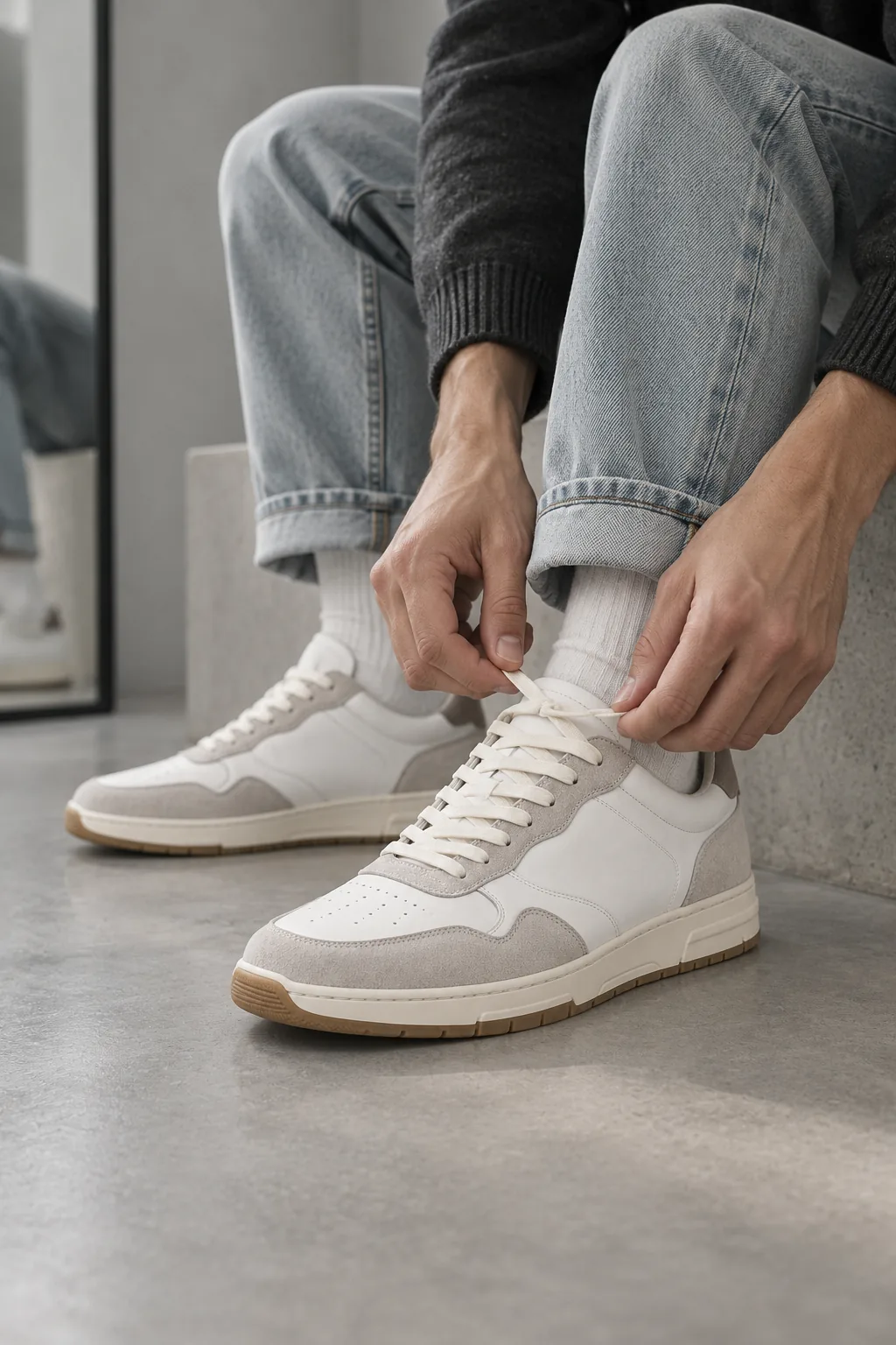 Hands tightening the laces of a white and grey suede court sneaker