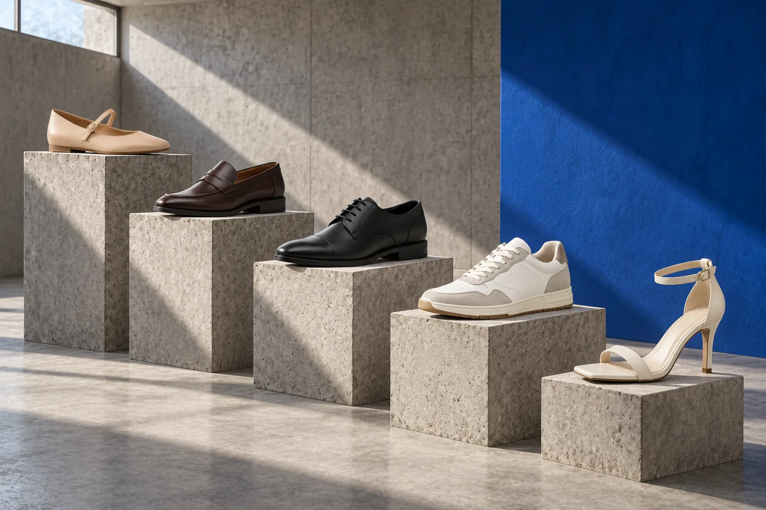Overhead flat lay of five pairs of shoes on pale grey paper