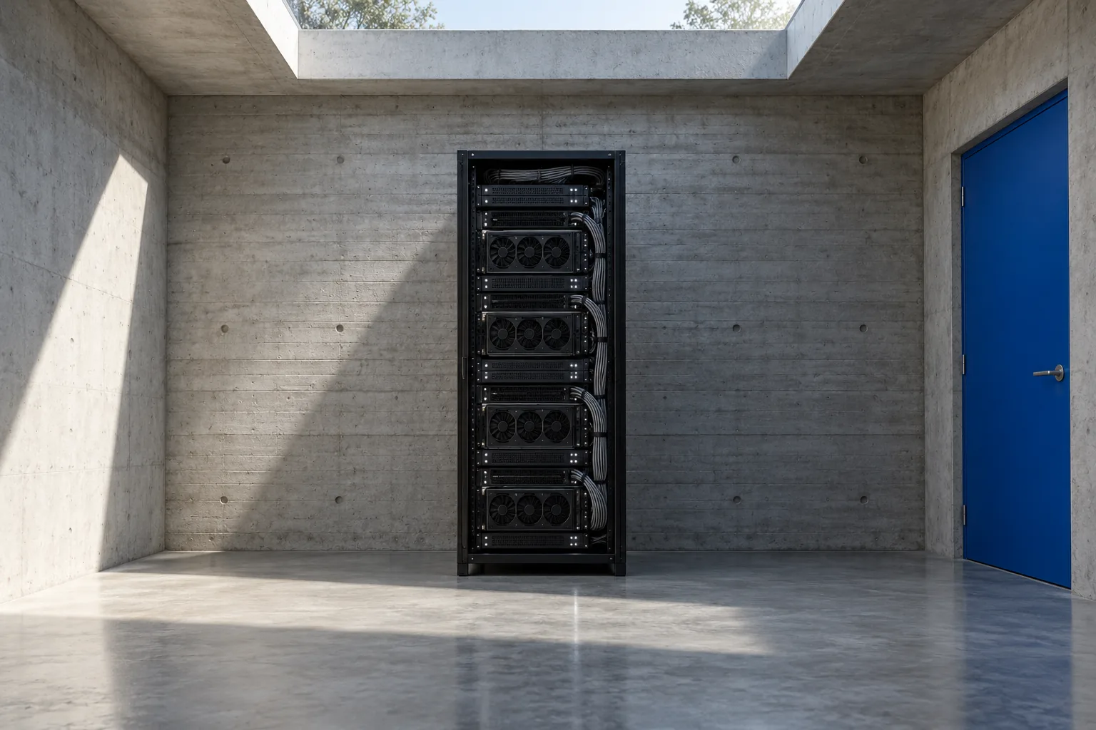Nude leather Mary Jane flat resting on a matte-black GPU server on a concrete plinth beside a cobalt wall